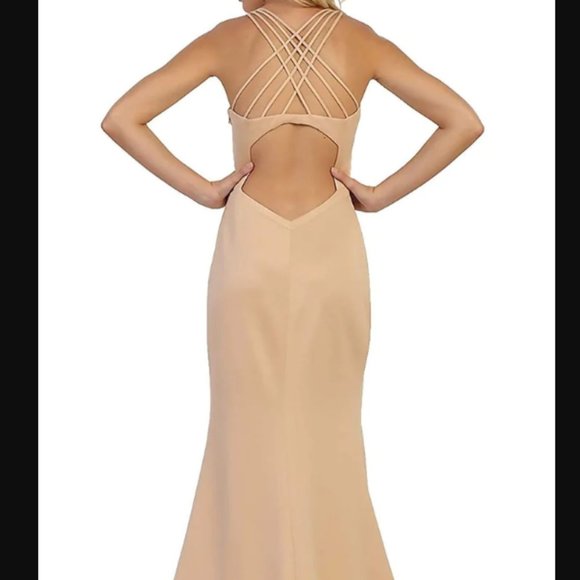NWT May Queen - Champagne Strappy Fitted Plunging Trumpet Prom Dress - Picture 2 of 3